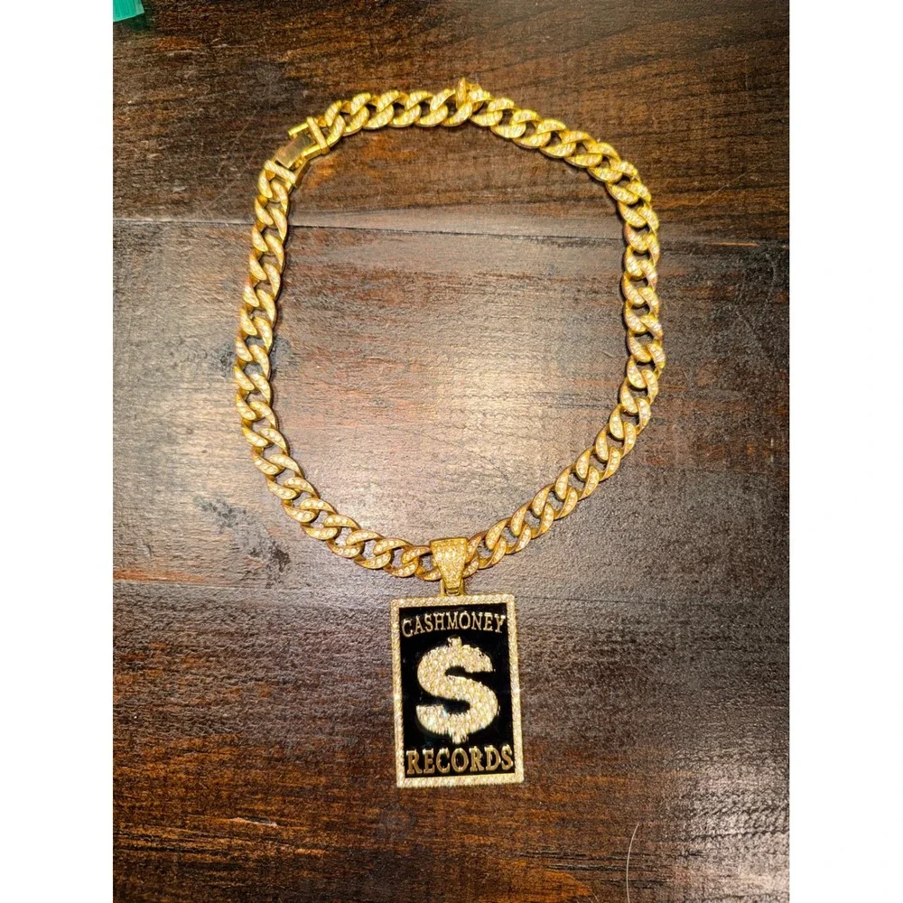 Mens Gold Tone CashMoney Records Pendant Chain Necklace Iced Cuban Box Out Bling